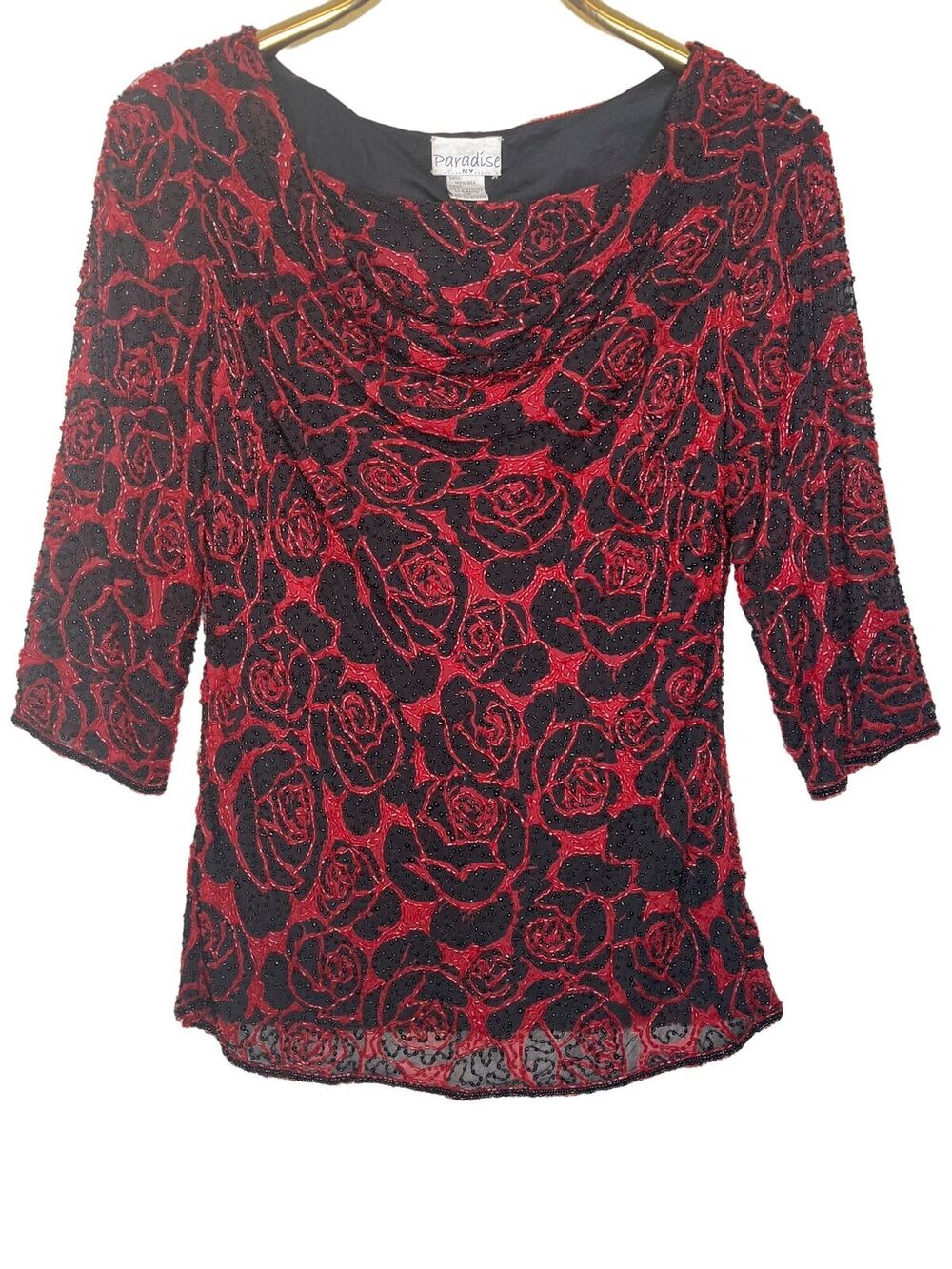 Vintage Paradise NY Size Medium Silk Beaded Formal Top Drape Neck Red Roses